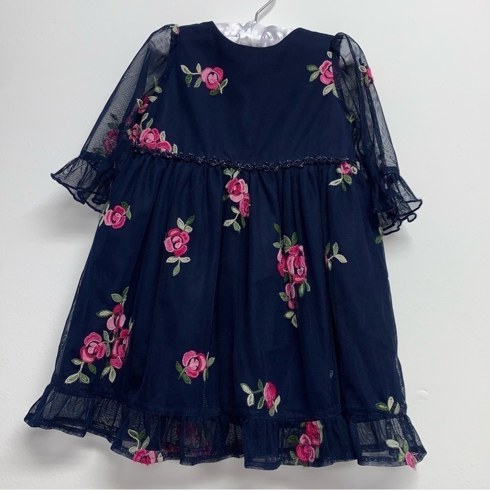 Laura Ashley London Kids  Dress 24M Navy Floral Sheer Long Sleeve Lined Ruffles